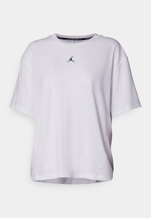 Witte katoenen t-shirt met korte mouwen, in een relaxte fit, met een zwart Jordan-logo op de borst. Smooth textuur met een ronde hals.