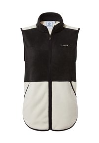 Black and cream fleece vest with a high collar, full front zip, and flat seams. Features side pockets and a TOG24 logo on the chest.