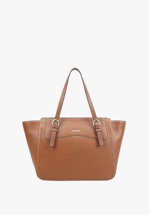 Braune Ledertasche mit glatter Textur, ausgestattet mit zwei langen Griffen und einem geschwungenen Design auf der Vorderseite. Silberne Hardwareakzente vorhanden.