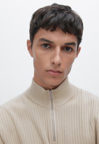 Beige knit sweater with a high collar and half-zip closure. Features ribbed texture and a fitted silhouette. Background is plain white.
