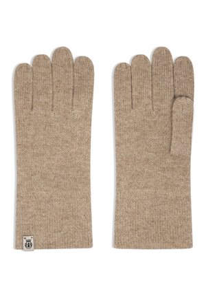 Beige knitted gloves with a textured pattern, featuring a cuff and a small logo tag on one glove, designed for warmth and comfort.