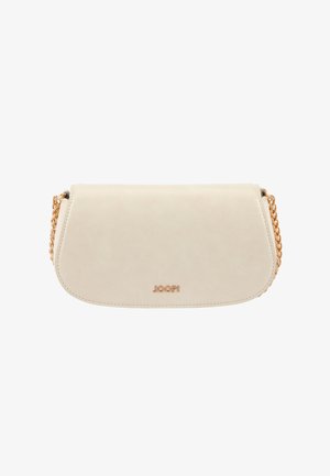 Beige Lederschultertasche mit abgerundeter Form, goldener Kettenriemen und kleinem goldenen "JOOP!"-Logo in der Mitte vorne.