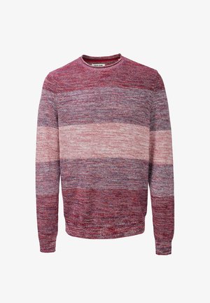 Sweater a rayas rojas y rosas con mangas largas y cuello redondo. Hecho de un material de punto texturizado con puños y dobladillo acanalados.