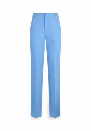 Light blue tailored trousers with a straight leg, made from smooth fabric. Features a button closure and belt loops. No visible patterns.