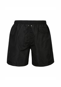 Zwarte zwemboxers met elastische tailleband, voorzien van een achterzak en metalen oogjes. Gemaakt van lichtgewicht, waterafstotend materiaal.