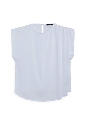 Blusa bianca con scollatura tonda, maniche corte e chiusura posteriore a chiave. Realizzata in un tessuto leggero e liscio con un design fluido.