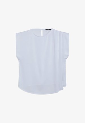 Blusa bianca con scollatura tonda, maniche corte e chiusura posteriore a chiave. Realizzata in un tessuto leggero e liscio con un design fluido.