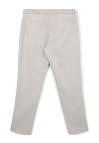 Pantaloni grigi chiari in un tessuto liscio con design a gamba dritta, dotati di cintura piatta e due tasche posteriori.