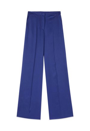 Hose mit weitem Bein in einfarbigem Königsblau mit hoher Taille, vorderen Nahtdetails, Seitentaschen und verdecktem Frontverschluss.