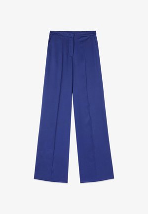 Hose mit weitem Bein in einfarbigem Königsblau mit hoher Taille, vorderen Nahtdetails, Seitentaschen und verdecktem Frontverschluss.