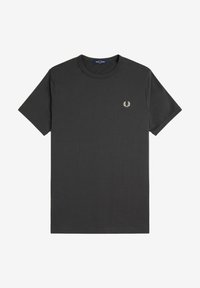 T-shirt in cotone grigio scuro con collo rotondo, maniche corte e un piccolo logo dorato ricamato sul petto. Texture morbida, design semplice.