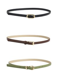 Τρεις ζώνες: μαύρη δερμάτινη με χρυσά στοιχεία, καφέ δερμάτινη με χρυσή αγκράφα και πράσινη δερμάτινη με χρυσή αγκράφα, όλες με κομψό σχέδιο.