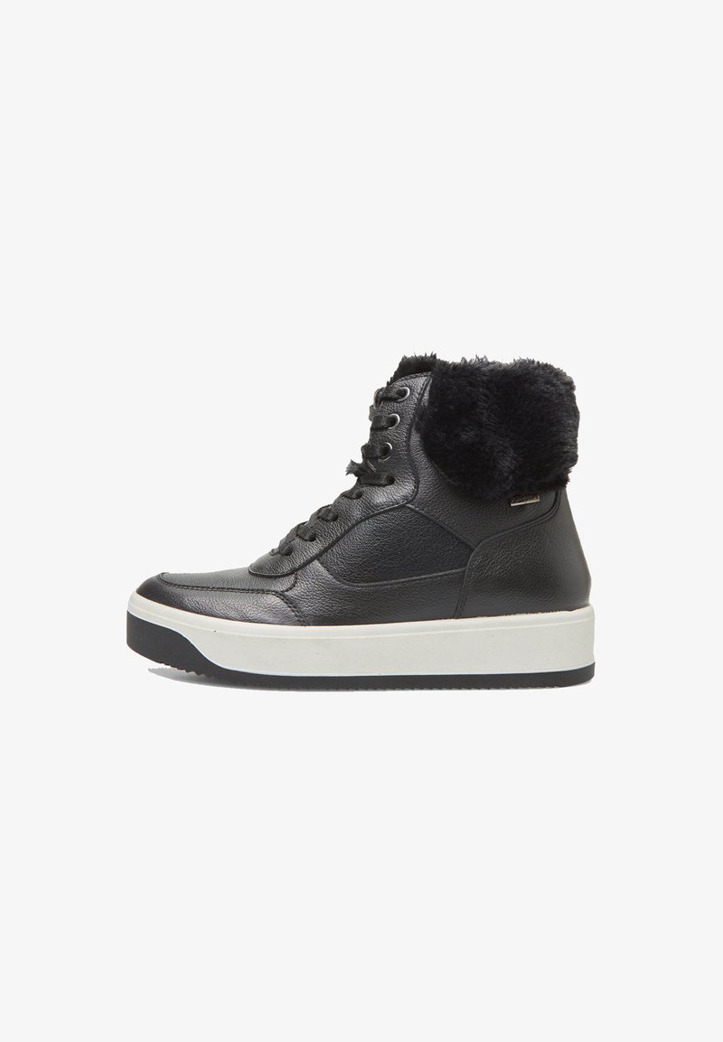 Black leather high-top sneakers with faux fur collar, textured surface, white midsole, black outsole, and lace-up design.