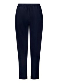 Pantalon noir à jambes droites avec une taille élastique et des ourlets retroussés, présenté sur fond blanc.