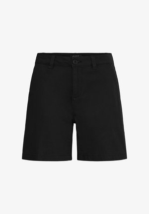 Črne kratke hlače iz bombažnega twilla, s gumbom na zapiranju, z pasom z zankami in brez okrasnih vzorcev, v preprostem, ravnem kroju.