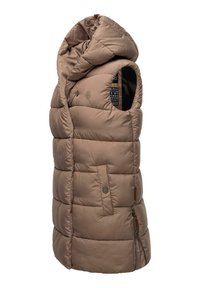 Beige isolierte Weste mit hohem Kragen, gepolsterten Abschnitten, seitlichen Taschen und einem Reißverschluss. Sie bietet eine weiche Textur und minimale Hardware-Akzente.