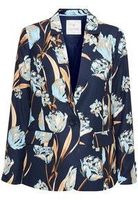 Blazer floral avec une base bleu marine, présentant de grands motifs de fleurs bleu clair et orange. Comprend une fermeture à un bouton et deux poches avant.