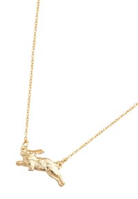 Gold necklace featuring a leaping rabbit charm, with a textured finish and a delicate chain design.