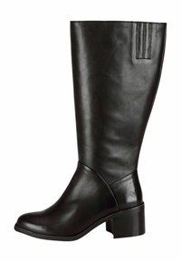 Bota de cuero negro hasta la rodilla con un acabado suave, puntera ligeramente redondeada y un tacón bajo tipo bloque. Presenta costuras de acento vertical en la parte superior.