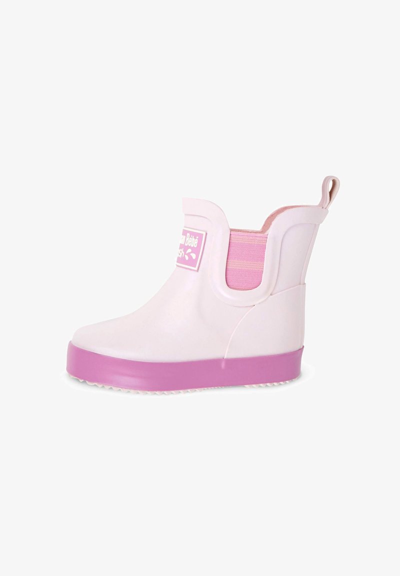 Bottes de pluie en caoutchouc imperméables rose et blanche, avec une semelle texturée, des panneaux latéraux élastiques et une languette pour un enfilage facile.