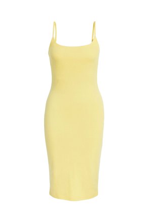 Żółta sukienka na ramiączkach z prążkowanej tkaniny, dopasowany krój, długość do połowy łydki, gładka faktura i jednolity kolor.