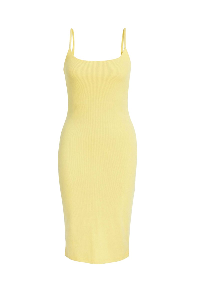 Żółta sukienka na ramiączkach z prążkowanej tkaniny, dopasowany krój, długość do połowy łydki, gładka faktura i jednolity kolor.