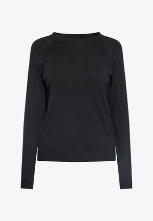 Sort strikket sweater med rund halsudskæring, lange raglanærmer og ribstrikkede manchetter og kant. Glat overflade med et klassisk fit design.