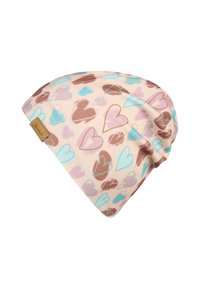 Beige beanie with a soft texture, featuring a pattern of blue, pink, and brown hearts. Includes a small, branded leather tag.