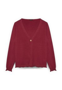 Bordový pletený cardigan s výstřihem do V, vlnitým lemem a jedním dekoračním knoflíkem na hrudi. Měkká textura a dlouhé rukávy.