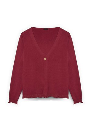 Cárdigan de punto burdeos con cuello en V, dobladillo ondulado y un solo botón decorativo en el pecho. Textura suave y mangas largas.