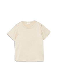 Krémové tričko s krátkym rukávom a okrúhlym výstrihom, hladká textúra a voľný strih. Materiál vyzerá byť jemný a ľahký.