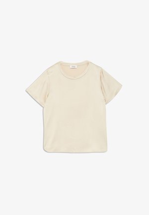 Krémové tričko s krátkym rukávom a okrúhlym výstrihom, hladká textúra a voľný strih. Materiál vyzerá byť jemný a ľahký.