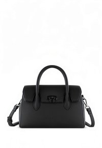 Schwarze Handtasche aus strukturiertem Leder mit klarer Form, oberen Griffen und abnehmbarem Schulterriemen. Verfügt über einen Vorderverschluss mit Metallbeschlägen.