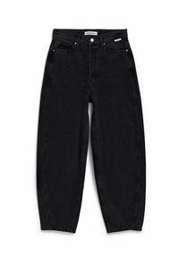 Jean noir taille haute, coupe droite, avec poches avant, passants pour ceinture, fermeture par bouton et petite étiquette de marque sur la poche avant droite.