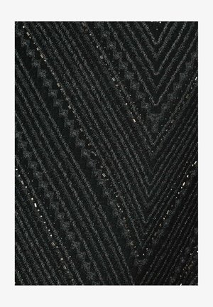 Tissu noir avec un motif en chevrons, présentant des rayures texturées et des accents métalliques éparpillés, créant un design géométrique.