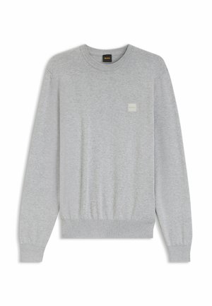 Pull gris clair à manches longues et col rond, avec poignets et ourlet côtelés, avec un petit écusson carré du logo sur la poitrine gauche.