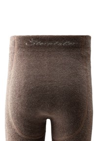 Brown knitted leggings feature a smooth, textured fabric with a wide waistband. Subtle stitching details enhance the overall design.