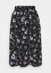 Saia preta com cintura elástica, apresentando um padrão floral em roxo e branco. Design fluido com pregas, feita de tecido leve.