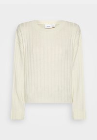Maglione lavorato a maglia spesso in crema chiaro, con costine verticali, scollatura tonda e maniche lunghe con polsini a costine. Texture morbida.