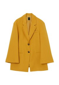 Blazer giallo con design strutturato, maniche larghe, revers a cremiera, tasche frontali e due bottoni neri. Tessuto dal finish liscio.