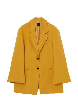 Blazer giallo con design strutturato, maniche larghe, revers a cremiera, tasche frontali e due bottoni neri. Tessuto dal finish liscio.