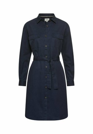 Navy blue shirt dress made of cotton with long sleeves, button closure, two chest pockets, and a tied waist belt. Smooth texture.