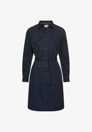 Navy blue shirt dress made of cotton with long sleeves, button closure, two chest pockets, and a tied waist belt. Smooth texture.