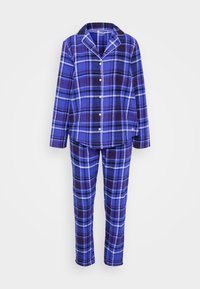 Ensemble de pyjama à carreaux dans des tons de bleu et de violet, fabriqué à partir d'un tissu doux. Comprend une chemise à boutons avec col et un pantalon assorti avec une taille élastique.