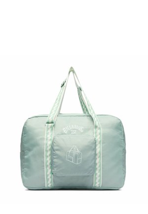 Bolsa de camping o viaje de color verde claro con correas blancas con estampado, bolsillo frontal con cremallera y logo "Billabong" en blanco en la parte delantera.