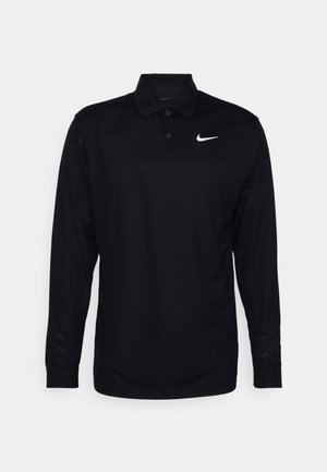 Black long-sleeve polo shirt made of smooth fabric, featuring a classic collar and a white Nike logo on the left chest.