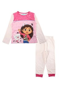 Haut de pyjama rose à manches longues avec un motif de personnage, bas blanc avec des poignets roses ; tissu doux, chemise rayée noir et blanc en dessous.
