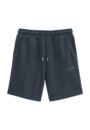 Shorts décontractés bleu marine avec taille élastique, cordon de serrage, poches latérales et petit logo "Marc O'Polo" sur la jambe gauche.