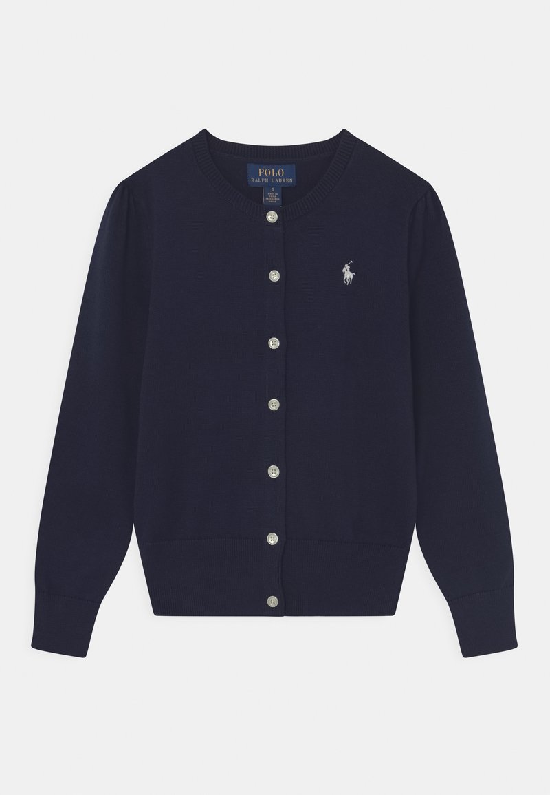 Navy blauwe gebreide cardigan met een ronde halslijn, lange mouwen, knopen aan de voorkant, geribde zoom en een klein geborduurd logo op de borst.