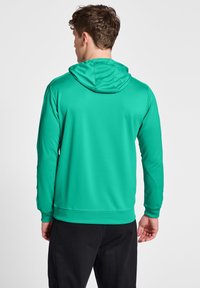 Felpa verde realizzata in tessuto liscio e elasticizzato, con cappuccio regolabile, maniche lunghe e vita aderente, abbinata a pantaloni neri.